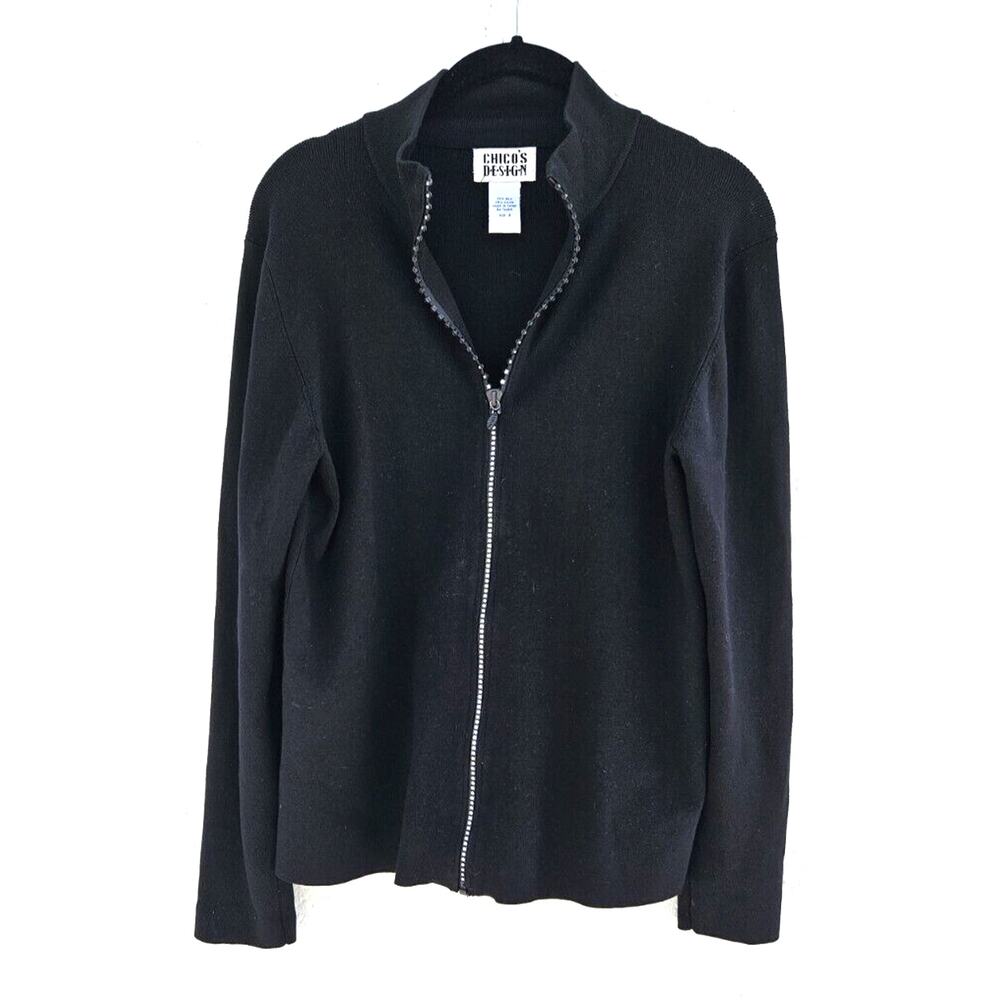 Vintage Chicos Sweater Jacket 1 Black Silk Nylon Rhinestone Zip Rib Cardigan 90s